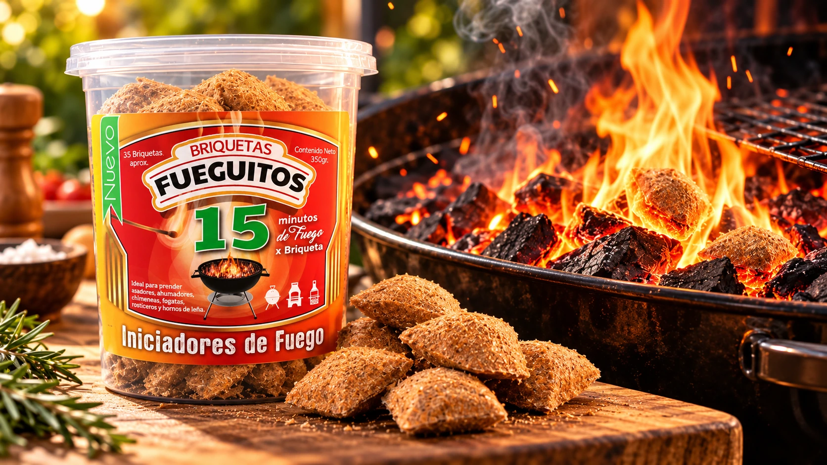Diseño ilustrativo de Fueguitos con briquetas, carbón encendido y llamas